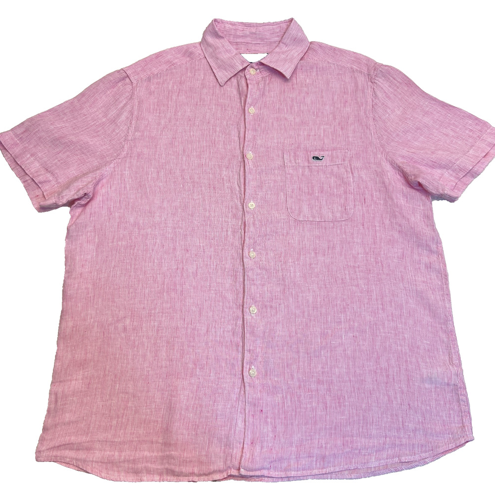 Vineyard Vines Mens Button Down Shirt Short Sleeve Linen Pockets Pink, Sz L